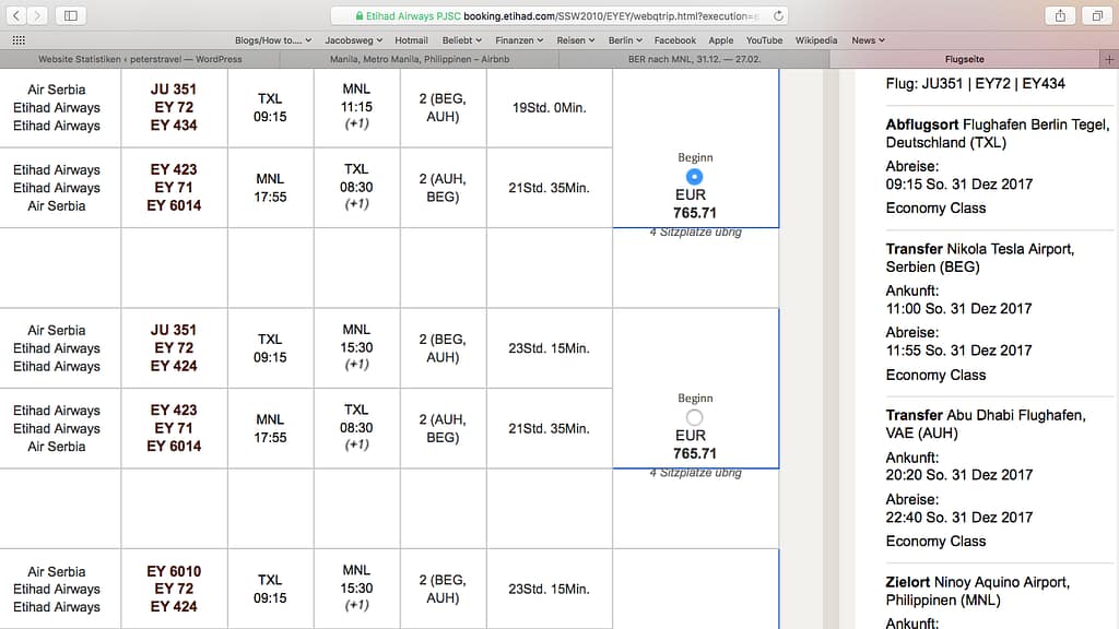 Bildschirmfoto: Etihad Airways Flugpreis 4 Sitzplätze übrig 2017-11-27