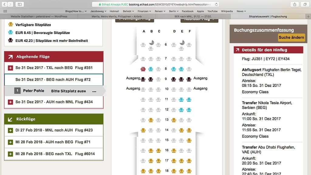Bildschirmfoto: Etihad Airways Platzreservierung 2017-11-27