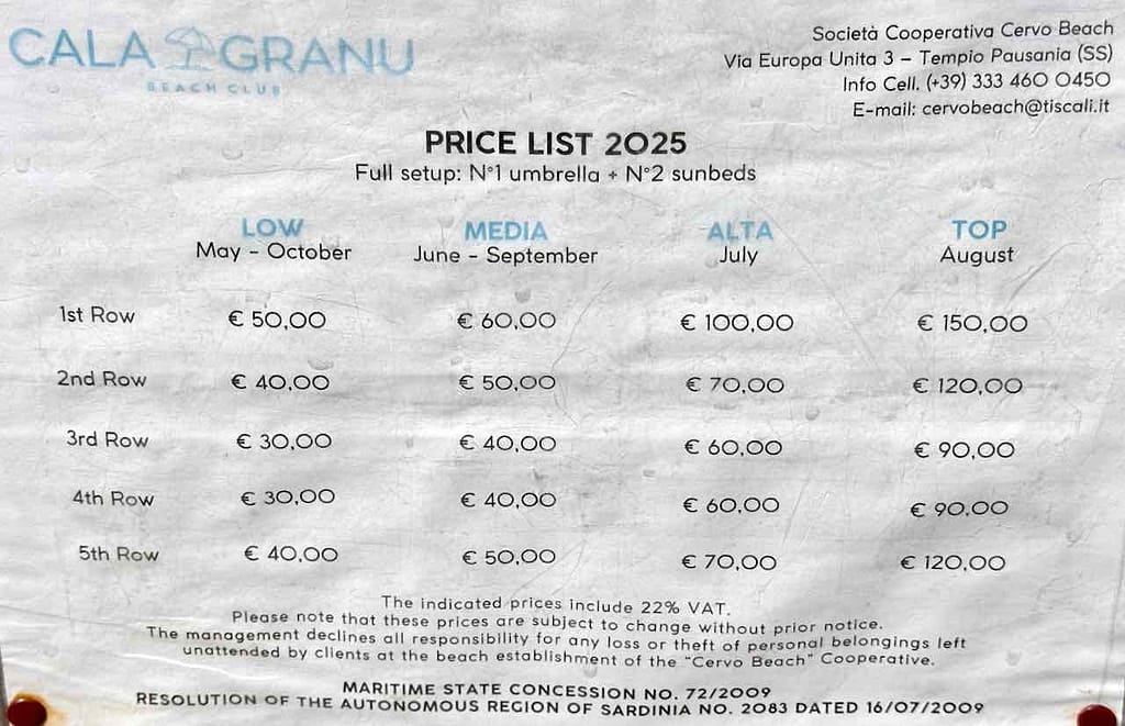 Cala Granu: Preisliste für Sonnenschirm und 2 Liegen, Sardinien © Peter Pohle PetersTravel