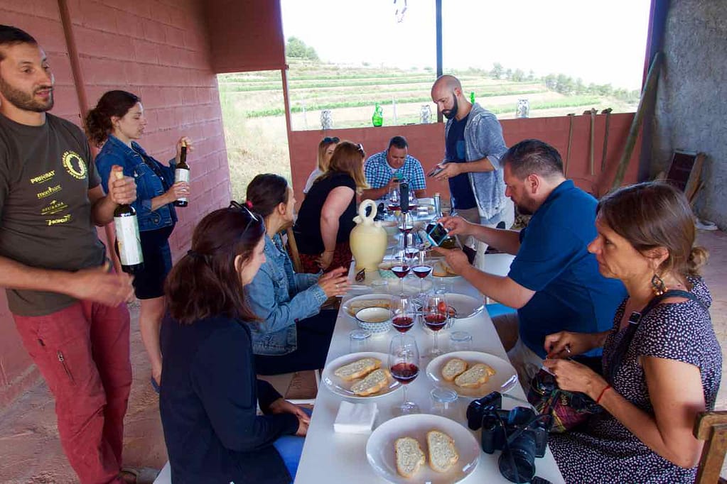 Weinprobe Priorat, Celler La Placeta im Priorat, Katalonien; Weinberge mit Weinglas @PetersTravel.de