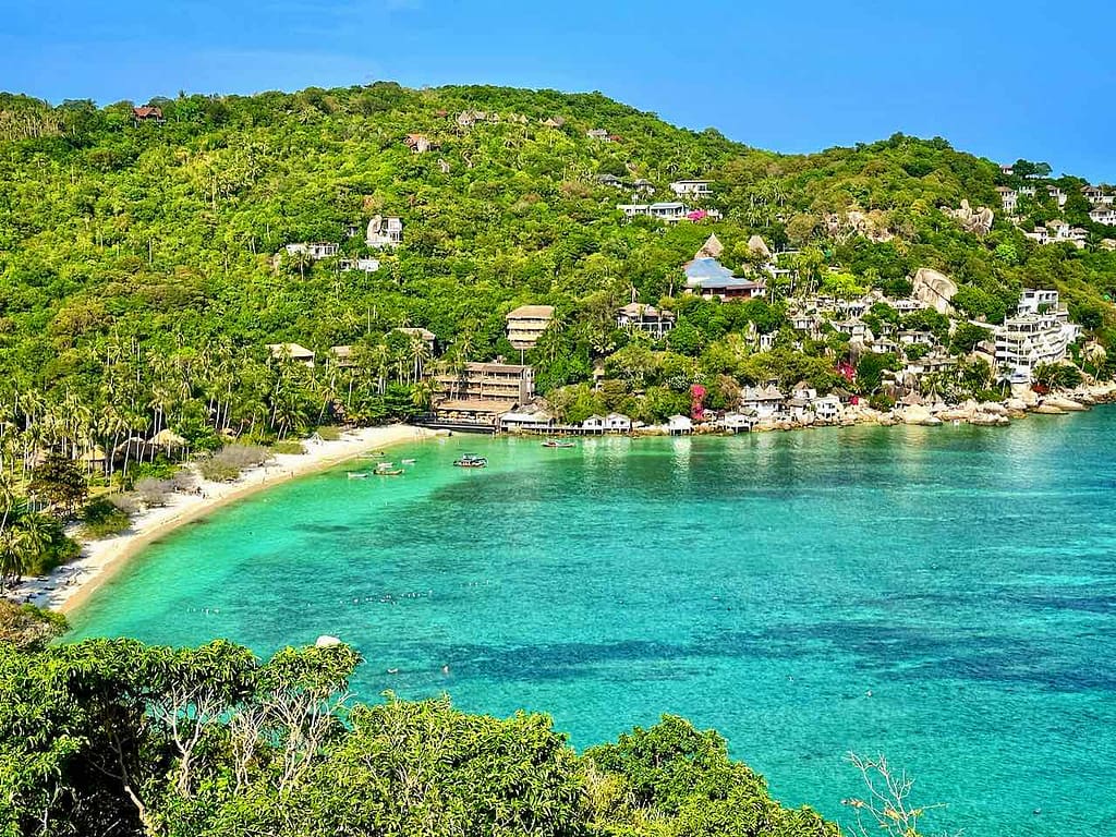 Totale: Koh Tao, Blick vom Aussichtspunkt Sun Suwan 360 Grad auf Shark Bay © PetersTravel Peter Pohle
