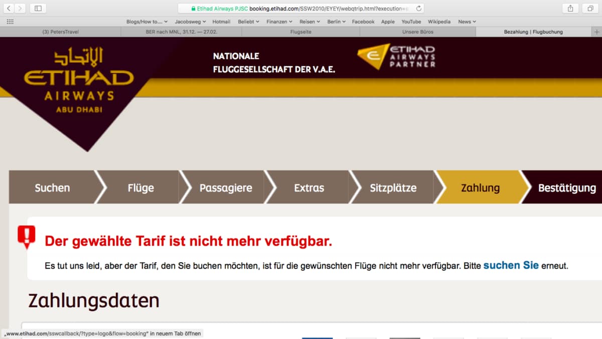 Etihad Airways Buchungsprobleme: "Der gewählte Tarif ist nicht mehr verfügbar"